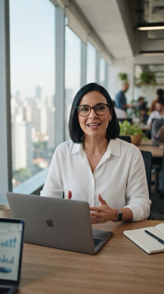 Empresária gravando vídeo de vendas no escritório